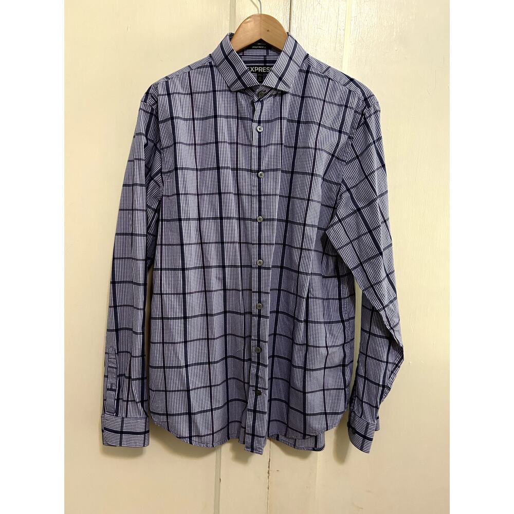 Express Men's Large 16-161/2 Dark Purple Plaid Modern Fit Long Sleeve Button